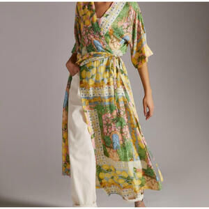 Aldo Martins Abstract Print Knit Tie Waist Midi Cardigan Dress Floral Lemons O/S